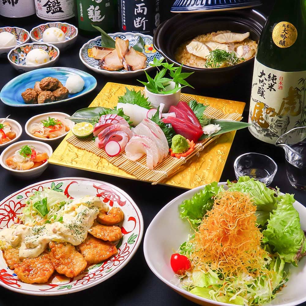新登場【2時間飲み放題付】松山鯛めし・朝〆お刺身四種盛り・じゃこ天等[大関コース]全8品